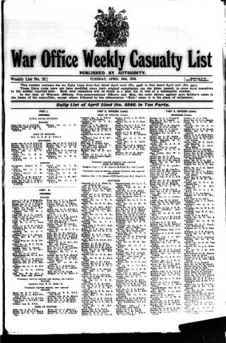 cover page of Weekly Casualty List (War Office & Air Ministry ) published on April 30, 1918