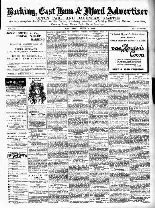 cover page of Barking, East Ham & Ilford Advertiser, Upton Park and Dagenham Gazette published on June 3, 1899