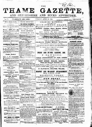 cover page of Thame Gazette published on April 25, 1865