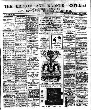 cover page of Brecon and Radnor Express and Carmarthen Gazette published on June 18, 1908