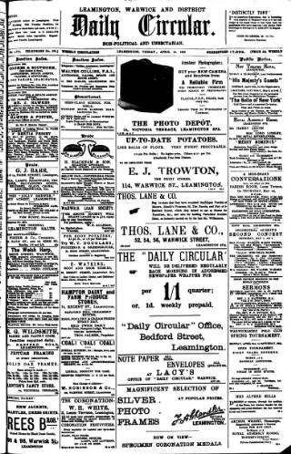 cover page of Leamington, Warwick, Kenilworth & District Daily Circular published on April 25, 1902