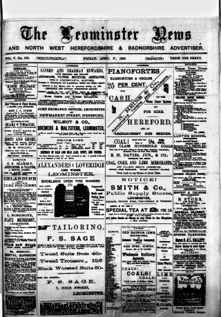 cover page of Leominster News and North West Herefordshire & Radnorshire Advertiser published on April 17, 1885