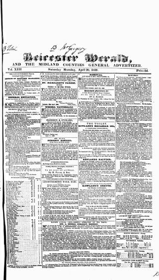 cover page of Leicester Herald published on April 20, 1839