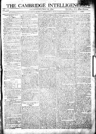 cover page of Cambridge Intelligencer published on April 26, 1800