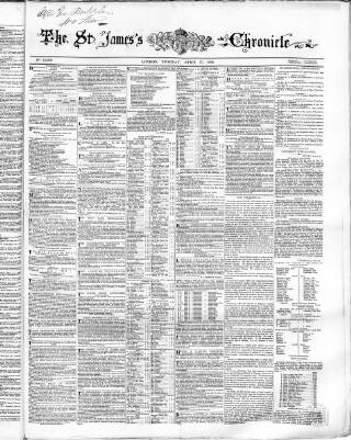 cover page of Saint James's Chronicle published on April 27, 1858