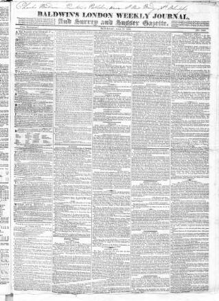 cover page of Baldwin's London Weekly Journal published on April 27, 1822