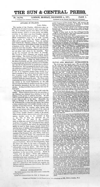 cover page of Sun & Central Press published on December 4, 1871