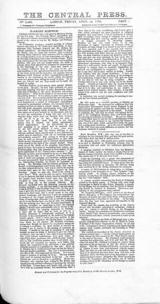 cover page of Sun & Central Press published on April 24, 1874