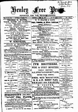 cover page of Henley & South Oxford Standard published on April 25, 1891