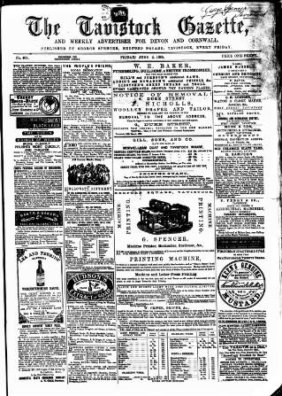 cover page of Tavistock Gazette published on June 2, 1865