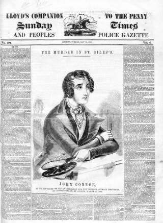 cover page of Lloyd's Companion to the Penny Sunday Times and Peoples' Police Gazette published on May 25, 1845