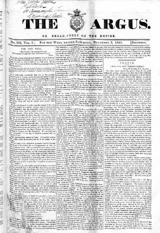cover page of Argus, or, Broad-sheet of the Empire published on December 3, 1842