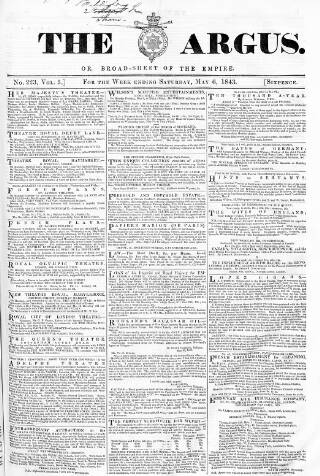 cover page of Argus, or, Broad-sheet of the Empire published on May 6, 1843