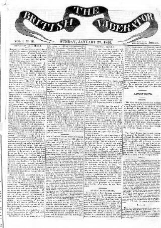 cover page of British Liberator published on January 27, 1833