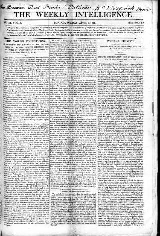 cover page of Weekly Intelligence published on April 5, 1818