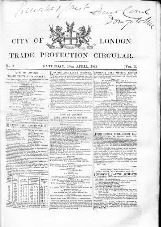cover page of City of London Trade Protection Circular published on April 29, 1848