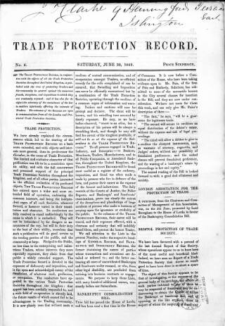 cover page of Trade Protection Record published on June 30, 1849