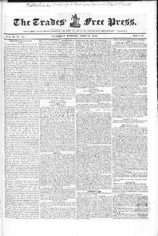 cover page of Trades' Free Press published on June 28, 1828
