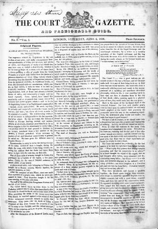 cover page of Court Gazette and Fashionable Guide published on June 2, 1838