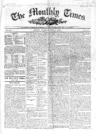 cover page of Monthly Times published on July 7, 1846