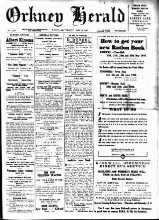 cover page of Orkney Herald, and Weekly Advertiser and Gazette for the Orkney & Zetland Islands published on May 28, 1946