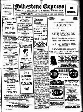 cover page of Folkestone Express, Sandgate, Shorncliffe & Hythe Advertiser published on June 2, 1923