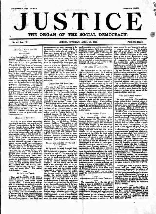 cover page of Justice published on April 23, 1892