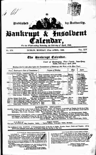 cover page of Bankrupt & Insolvent Calendar published on April 27, 1846