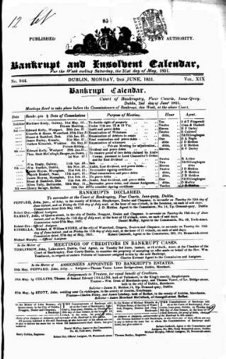 cover page of Bankrupt & Insolvent Calendar published on June 2, 1851
