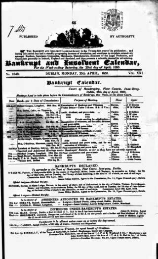 cover page of Bankrupt & Insolvent Calendar published on April 25, 1853