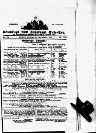 cover page of Bankrupt & Insolvent Calendar published on December 3, 1855
