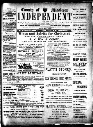 cover page of Middlesex Independent published on December 4, 1901