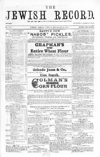 cover page of Jewish Record published on April 21, 1871