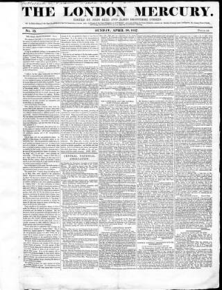 cover page of London Mercury 1836 published on April 30, 1837