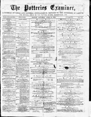 cover page of Potteries Examiner published on April 25, 1874