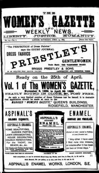 cover page of Women's Gazette & Weekly News published on April 13, 1889