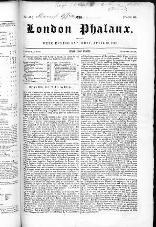 cover page of London Phalanx published on April 30, 1842