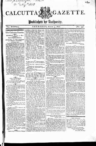 cover page of Calcutta Gazette published on March 4, 1802
