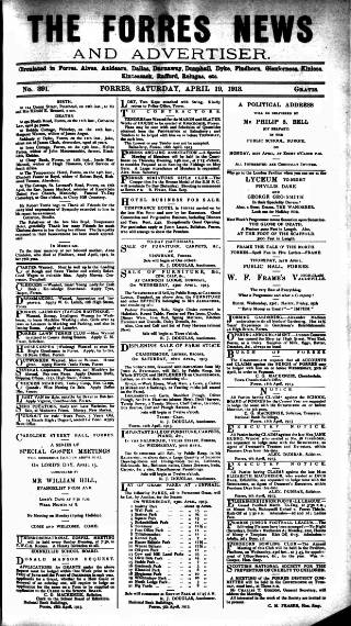 cover page of Forres News and Advertiser published on April 19, 1913