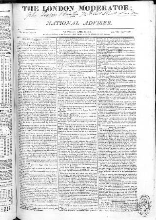 cover page of London Moderator and National Adviser published on April 26, 1820