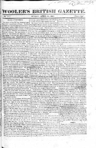 cover page of Wooler's British Gazette published on April 25, 1819