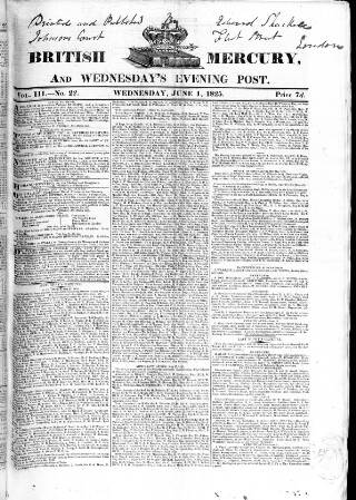 cover page of British Mercury or Wednesday Evening Post published on June 1, 1825