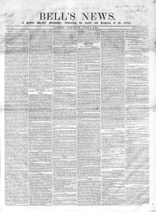 cover page of Bell's News published on June 2, 1855