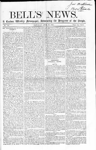 cover page of Bell's News published on April 25, 1857