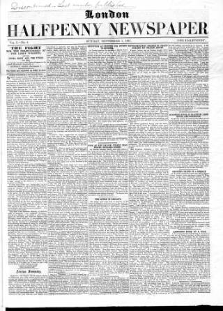 cover page of London Halfpenny Newspaper published on September 1, 1861