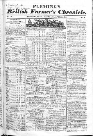 cover page of Fleming's British Farmers' Chronicle published on April 24, 1826