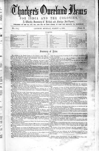 cover page of Thacker's Overland News for India and the Colonies published on March 4, 1861