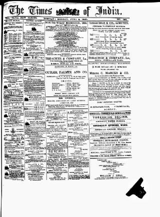 cover page of Times of India published on June 2, 1884