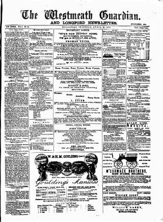 cover page of Westmeath Guardian and Longford News-Letter published on April 25, 1878