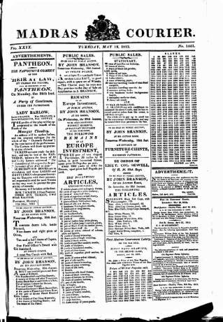 cover page of Madras Courier published on May 25, 1813